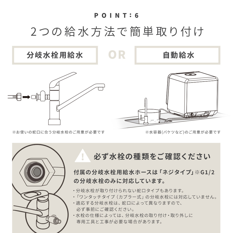 2つの給水方法で簡単取り付け